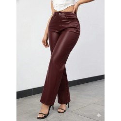 Kadın Yüksek Bel Cepli Deri Pantolon , 28806