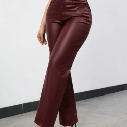 Kadın Yüksek Bel Cepli Deri Pantolon , 28806