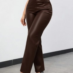 Kadın Yüksek Bel Cepli Deri Pantolon , 28805