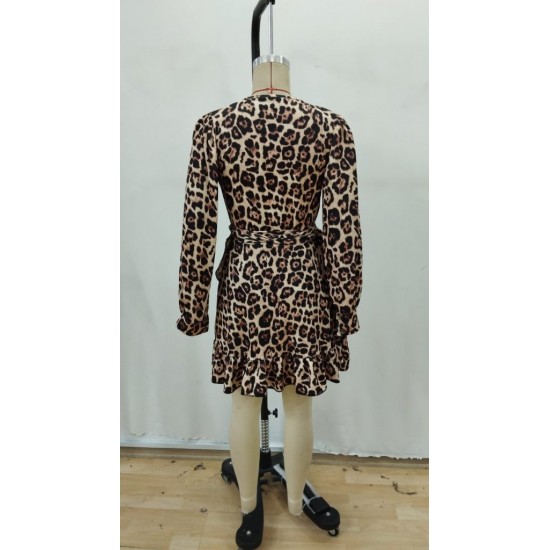 Kadın Uzun Kollu Kruvaze Yakalı Fırfırlı Belden Kuşaklı Leopar Desen Modal Elbise, 28802 Kadın Uzun Kollu Kruvaze Yakalı Fırfırlı Belden Kuşaklı Leopar Desen Modal Elbise, 28802