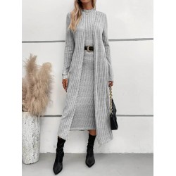 Kadın Uzun Kollu Yarı Balıkçı Yaka şardonlu Kaşkorse Elbise Ve Uzun Hırka Ikili Takım , 22457