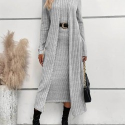 Kadın Uzun Kollu Yarı Balıkçı Yaka şardonlu Kaşkorse Elbise Ve Uzun Hırka Ikili Takım , 22457