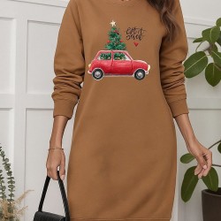 Kadın Uzun Kollu Bisiklet Yaka Desenli Viskon Iki Iplik Elbise , 28815