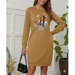 Kadın Uzun Kollu Bisiklet Yaka Desenli Viskon Iki Iplik Elbise , 28813