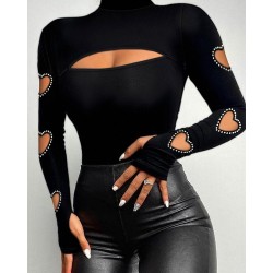 Kadın Uzun Kollu Yarı Balıkçı Yaka Pencere Detaylı Kolları Kalp Desen Taşlı Viskon Bluz , 28835