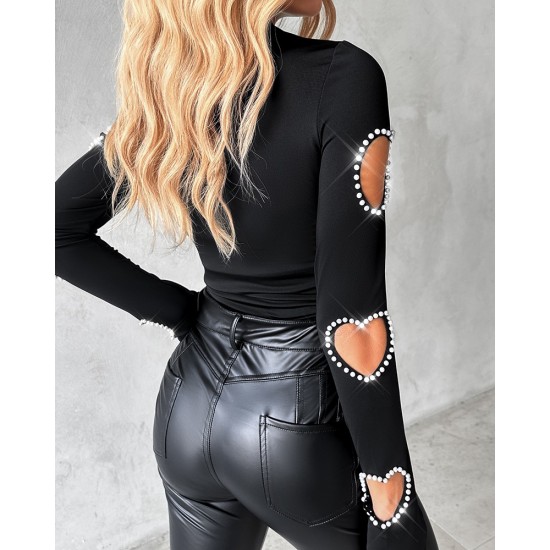 Kadın Uzun Kollu Yarı Balıkçı Yaka Pencere Detaylı Kolları Kalp Desen Taşlı Viskon Bluz , 28835 Kadın Uzun Kollu Yarı Balıkçı Yaka Pencere Detaylı Kolları Kalp Desen Taşlı Viskon Bluz , 28835