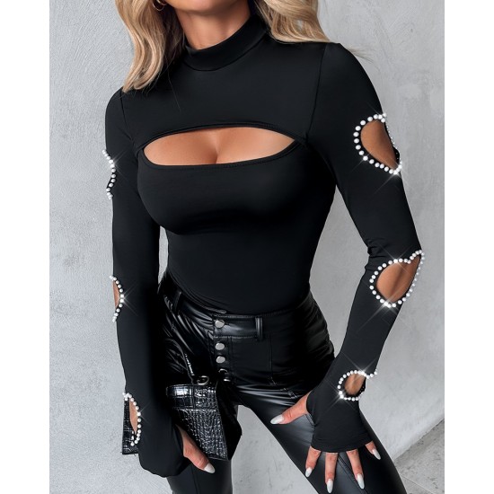 Kadın Uzun Kollu Yarı Balıkçı Yaka Pencere Detaylı Kolları Kalp Desen Taşlı Viskon Bluz , 28835 Kadın Uzun Kollu Yarı Balıkçı Yaka Pencere Detaylı Kolları Kalp Desen Taşlı Viskon Bluz , 28835