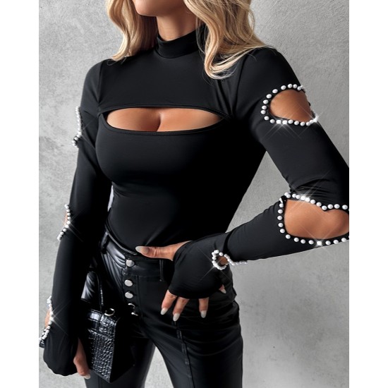 Kadın Uzun Kollu Yarı Balıkçı Yaka Pencere Detaylı Kolları Kalp Desen Taşlı Viskon Bluz , 28835 Kadın Uzun Kollu Yarı Balıkçı Yaka Pencere Detaylı Kolları Kalp Desen Taşlı Viskon Bluz , 28835