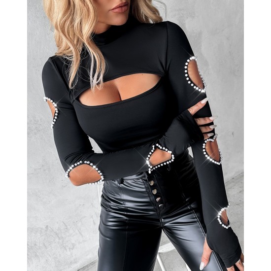 Kadın Uzun Kollu Yarı Balıkçı Yaka Pencere Detaylı Kolları Kalp Desen Taşlı Viskon Bluz , 28835 Kadın Uzun Kollu Yarı Balıkçı Yaka Pencere Detaylı Kolları Kalp Desen Taşlı Viskon Bluz , 28835