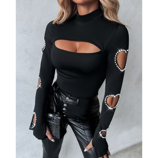 Kadın Uzun Kollu Yarı Balıkçı Yaka Pencere Detaylı Kolları Kalp Desen Taşlı Viskon Bluz , 28835 Kadın Uzun Kollu Yarı Balıkçı Yaka Pencere Detaylı Kolları Kalp Desen Taşlı Viskon Bluz , 28835