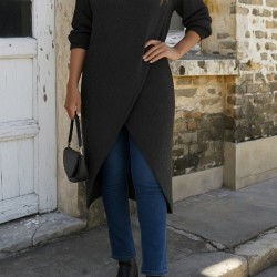 Kadın Uzun Kollu Bisiklet Yakalı önden çapraz Kesim Detaylı Midi Triko Elbise , 28829