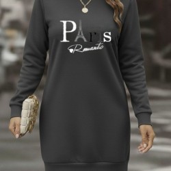 Kadın Uzun Kollu Bisiklet Yaka Yazılı Kısa Viskon Iki Iplik Elbise, 28845