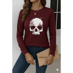 Kadın Uzun Kollu Bisiklet Yaka Kurukafa Desenli Viskon Bluz , 28869