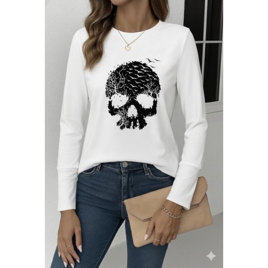 Kadın Uzun Kollu Bisiklet Yaka Kurukafa Desenli Viskon Bluz , 28868 Kadın Uzun Kollu Bisiklet Yaka Kurukafa Desenli Viskon Bluz , 28868