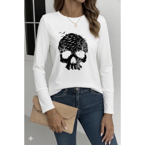 Kadın Uzun Kollu Bisiklet Yaka Kurukafa Desenli Viskon Bluz , 28868 Kadın Uzun Kollu Bisiklet Yaka Kurukafa Desenli Viskon Bluz , 28868