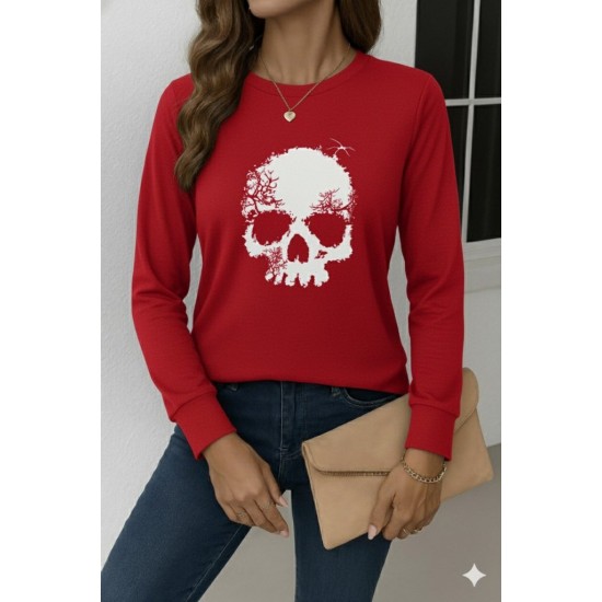 Kadın Uzun Kollu Bisiklet Yaka Kurukafa Desenli Viskon Bluz , 28866 Kadın Uzun Kollu Bisiklet Yaka Kurukafa Desenli Viskon Bluz , 28866