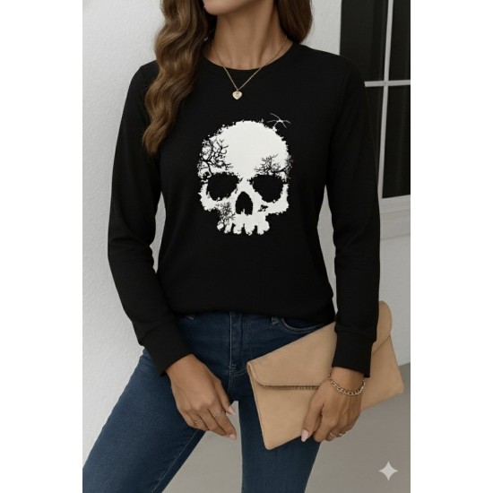 Kadın Uzun Kollu Bisiklet Yaka Kurukafa Desenli Viskon Bluz , 28865 Kadın Uzun Kollu Bisiklet Yaka Kurukafa Desenli Viskon Bluz , 28865