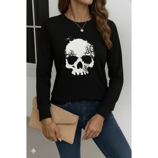 Kadın Uzun Kollu Bisiklet Yaka Kurukafa Desenli Viskon Bluz , 28865 Kadın Uzun Kollu Bisiklet Yaka Kurukafa Desenli Viskon Bluz , 28865