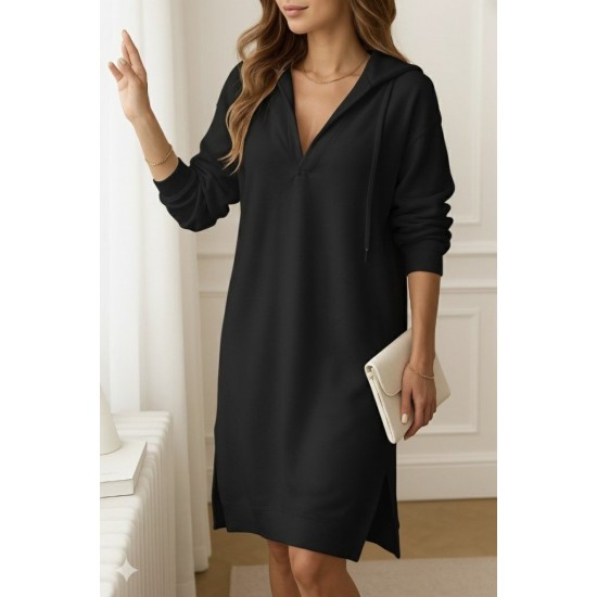 Kadın Uzun Kollu Kapüşonlu Yakası Açık Modal Elbise , 28862