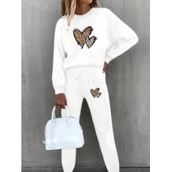 Kadın Uzun Kollu Bisiklet Yaka Kalp Desenli şardonlu üç Iplik Bluz Ve Pantolon Ikili Takım, 28874