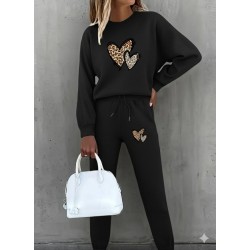 Kadın Uzun Kollu Bisiklet Yaka Kalp Desenli şardonlu üç Iplik Bluz Ve Pantolon Ikili Takım , 28873