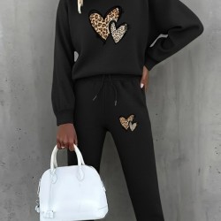 Kadın Uzun Kollu Bisiklet Yaka Kalp Desenli şardonlu üç Iplik Bluz Ve Pantolon Ikili Takım , 28873