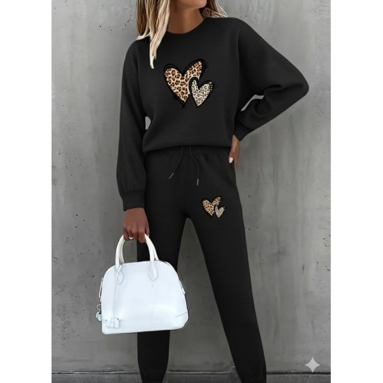 Kadın Uzun Kollu Bisiklet Yaka Kalp Desenli şardonlu üç Iplik Bluz Ve Pantolon Ikili Takım , 28873 Kadın Uzun Kollu Bisiklet Yaka Kalp Desenli şardonlu üç Iplik Bluz Ve Pantolon Ikili Takım , 28873