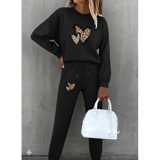 Kadın Uzun Kollu Bisiklet Yaka Kalp Desenli şardonlu üç Iplik Bluz Ve Pantolon Ikili Takım , 28873 Kadın Uzun Kollu Bisiklet Yaka Kalp Desenli şardonlu üç Iplik Bluz Ve Pantolon Ikili Takım , 28873