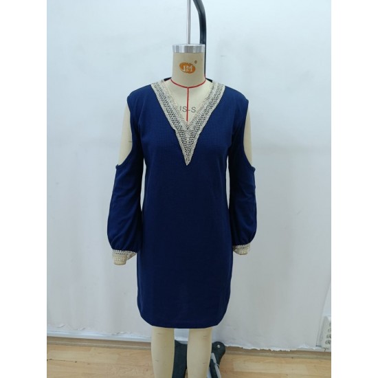 Kadın Uzun Kollu Omuzdan Açık V Dantel Yakalı Mini Waffle Elbise , 28898 Kadın Uzun Kollu Omuzdan Açık V Dantel Yakalı Mini Waffle Elbise , 28898