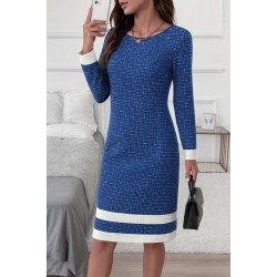 Kadın Uzun Kollu Yuvarlak Yaka Etek Ucu şerit Detaylı Mini Dokuma Elbise, 28891