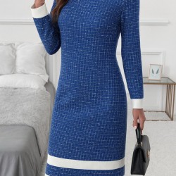 Kadın Uzun Kollu Yuvarlak Yaka Etek Ucu şerit Detaylı Mini Dokuma Elbise, 28891