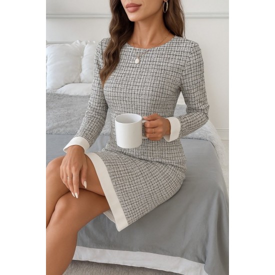 Kadın Uzun Kollu Yuvarlak Yaka Etek Ucu şerit Detaylı Mini Dokuma Elbise, 28890 Kadın Uzun Kollu Yuvarlak Yaka Etek Ucu şerit Detaylı Mini Dokuma Elbise, 28890