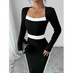 Kadın Uzun Kollu Geometrik Yaka Midi Ithal Krep Elbise , 28883