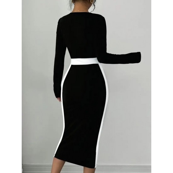 Kadın Uzun Kollu Geometrik Yaka Midi Ithal Krep Elbise , 28883