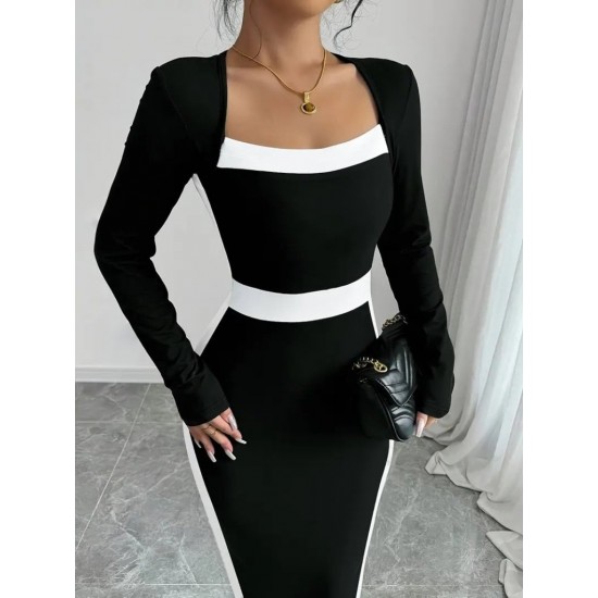 Kadın Uzun Kollu Geometrik Yaka Midi Ithal Krep Elbise , 28883