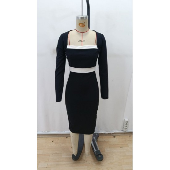 Kadın Uzun Kollu Geometrik Yaka Midi Ithal Krep Elbise , 28883