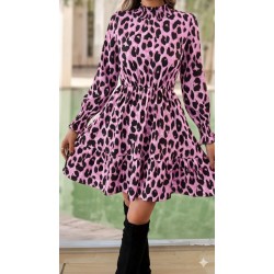 Kadın Uzun Kollu Yarı Balıkçı Yaka Leopar Desenli Modal Mini Elbise , 28882