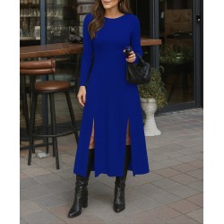 Kadın Uzun Kollu Hafif Kayık Yaka Sırt Dekolteli Yırtmaç Detaylı Viskon Tam Boy Elbise, 28907