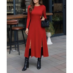 Kadın Uzun Kollu Hafif Kayık Yaka Sırt Dekolteli Yırtmaç Detaylı Viskon Tam Boy Elbise, 28906