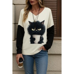 Kadın Uzun Kollu V Yakalı Kedi Baskılı şardonlu Dalgıç Bluz, 28902