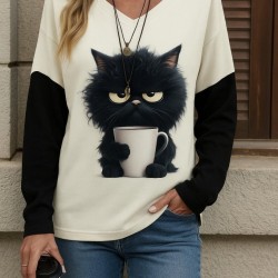 Kadın Uzun Kollu V Yakalı Kedi Baskılı şardonlu Dalgıç Bluz, 28902 Kadın Uzun Kollu V Yakalı Kedi Baskılı şardonlu Dalgıç Bluz, 28902