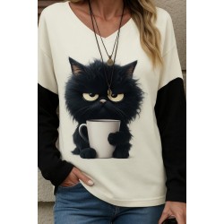 Kadın Uzun Kollu V Yakalı Kedi Baskılı şardonlu Dalgıç Bluz, 28902 Kadın Uzun Kollu V Yakalı Kedi Baskılı şardonlu Dalgıç Bluz, 28902