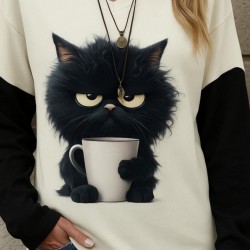 Kadın Uzun Kollu V Yakalı Kedi Baskılı şardonlu Dalgıç Bluz, 28902 Kadın Uzun Kollu V Yakalı Kedi Baskılı şardonlu Dalgıç Bluz, 28902