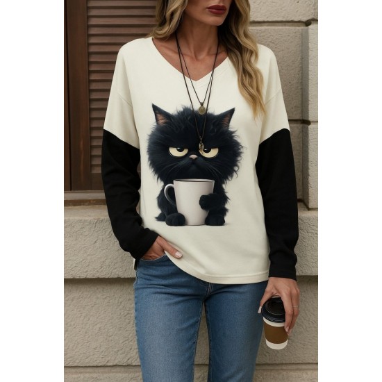 Kadın Uzun Kollu V Yakalı Kedi Baskılı şardonlu Dalgıç Bluz, 28902 Kadın Uzun Kollu V Yakalı Kedi Baskılı şardonlu Dalgıç Bluz, 28902