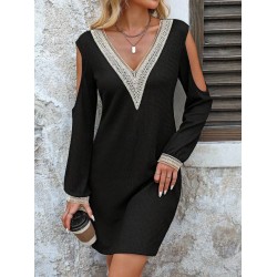 Kadın Uzun Kollu Omuzdan Açık V Dantel Yakalı Mini Waffle Elbise , 28900