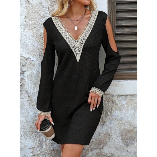 Kadın Uzun Kollu Omuzdan Açık V Dantel Yakalı Mini Waffle Elbise , 28900 Kadın Uzun Kollu Omuzdan Açık V Dantel Yakalı Mini Waffle Elbise , 28900