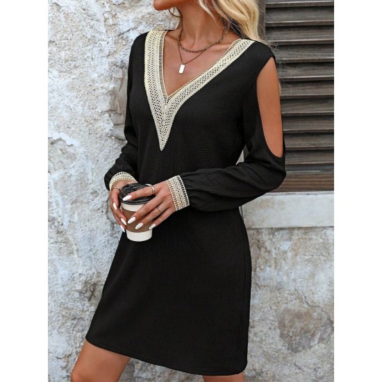 Kadın Uzun Kollu Omuzdan Açık V Dantel Yakalı Mini Waffle Elbise , 28900 Kadın Uzun Kollu Omuzdan Açık V Dantel Yakalı Mini Waffle Elbise , 28900