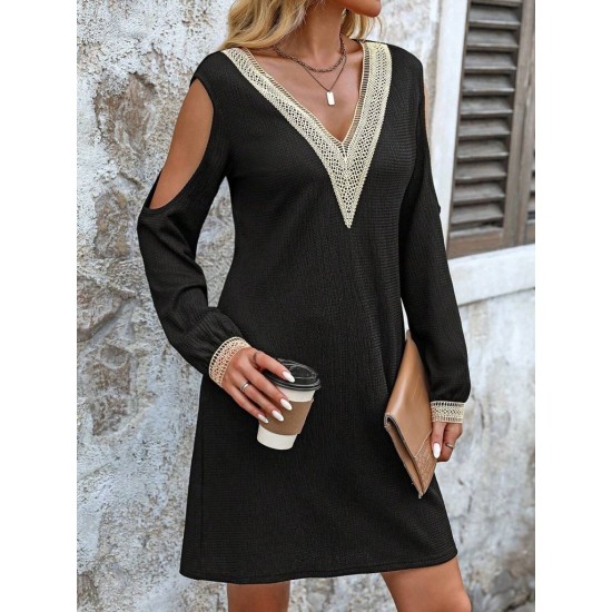 Kadın Uzun Kollu Omuzdan Açık V Dantel Yakalı Mini Waffle Elbise , 28900 Kadın Uzun Kollu Omuzdan Açık V Dantel Yakalı Mini Waffle Elbise , 28900