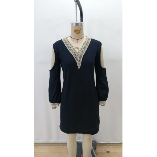 Kadın Uzun Kollu Omuzdan Açık V Dantel Yakalı Mini Waffle Elbise , 28900 Kadın Uzun Kollu Omuzdan Açık V Dantel Yakalı Mini Waffle Elbise , 28900