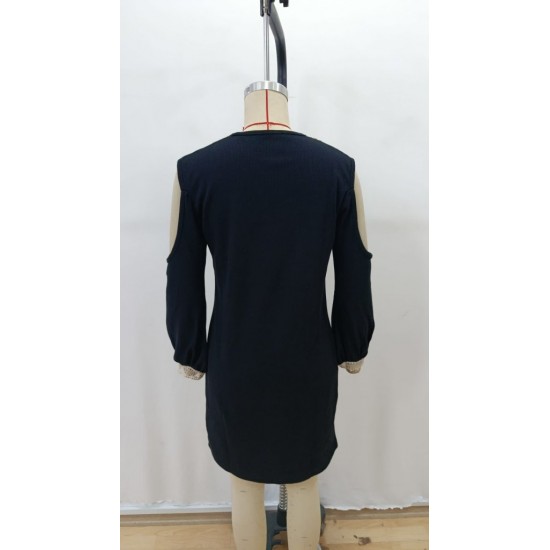 Kadın Uzun Kollu Omuzdan Açık V Dantel Yakalı Mini Waffle Elbise , 28900 Kadın Uzun Kollu Omuzdan Açık V Dantel Yakalı Mini Waffle Elbise , 28900